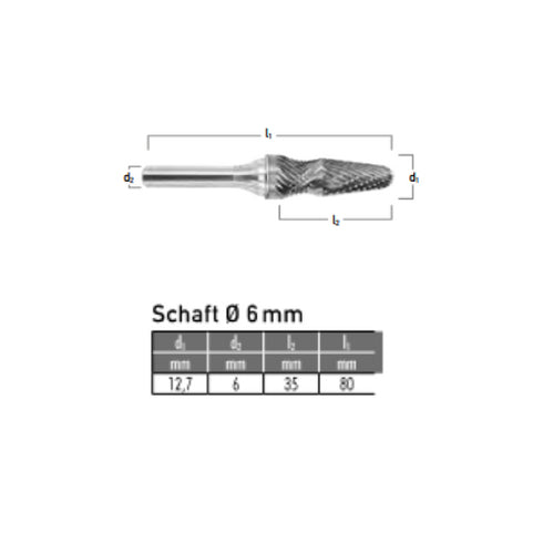 Solid Carbide Bur, Radius Shape Cylinder, Ball-Nosed Cone Ø 12.7x35mm, Z3 Dimensions